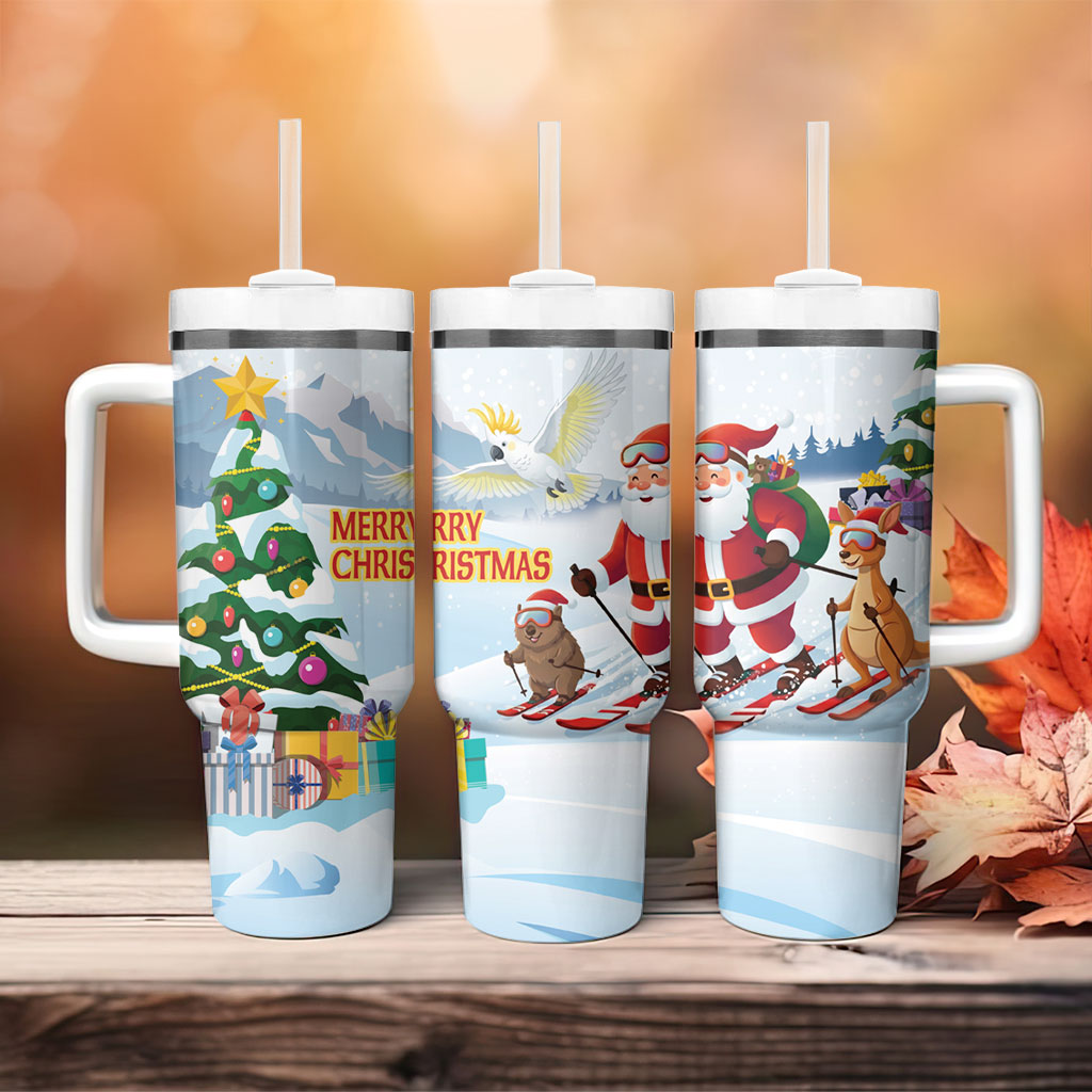 Merry Christmas Australia Tumbler With Handle Funny Aussie Animals Santa Skiing