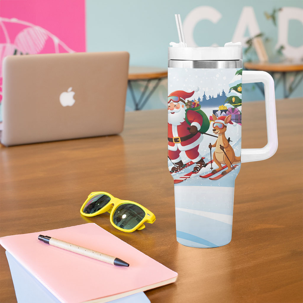Merry Christmas Australia Tumbler With Handle Funny Aussie Animals Santa Skiing