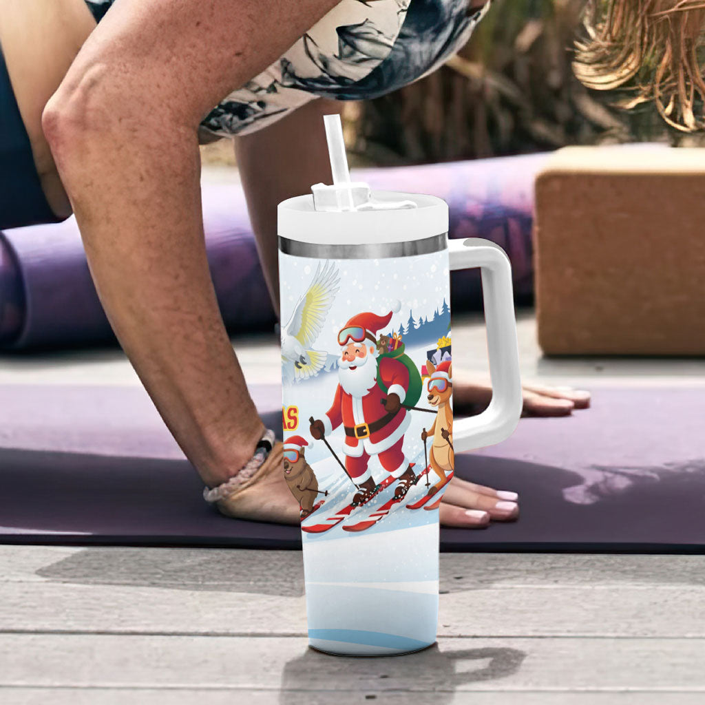 Merry Christmas Australia Tumbler With Handle Funny Aussie Animals Santa Skiing