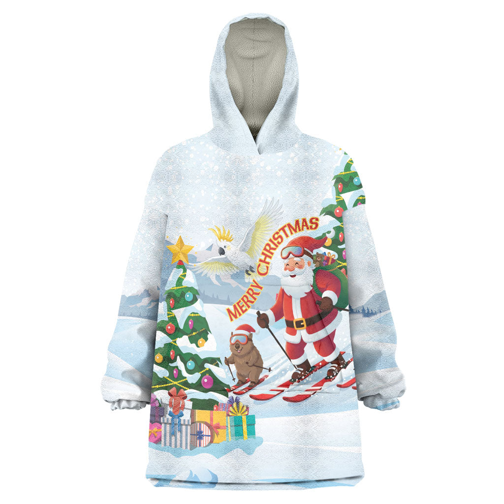 Merry Christmas Australia Wearable Blanket Hoodie Funny Aussie Animals Santa Skiing