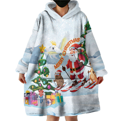 Merry Christmas Australia Wearable Blanket Hoodie Funny Aussie Animals Santa Skiing