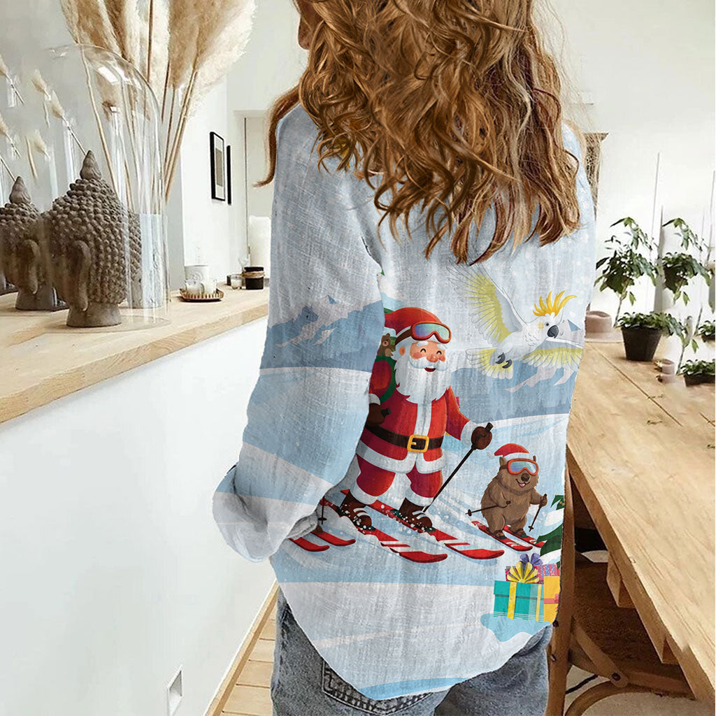 Merry Christmas Australia Women Casual Shirt Funny Aussie Animals Santa Skiing