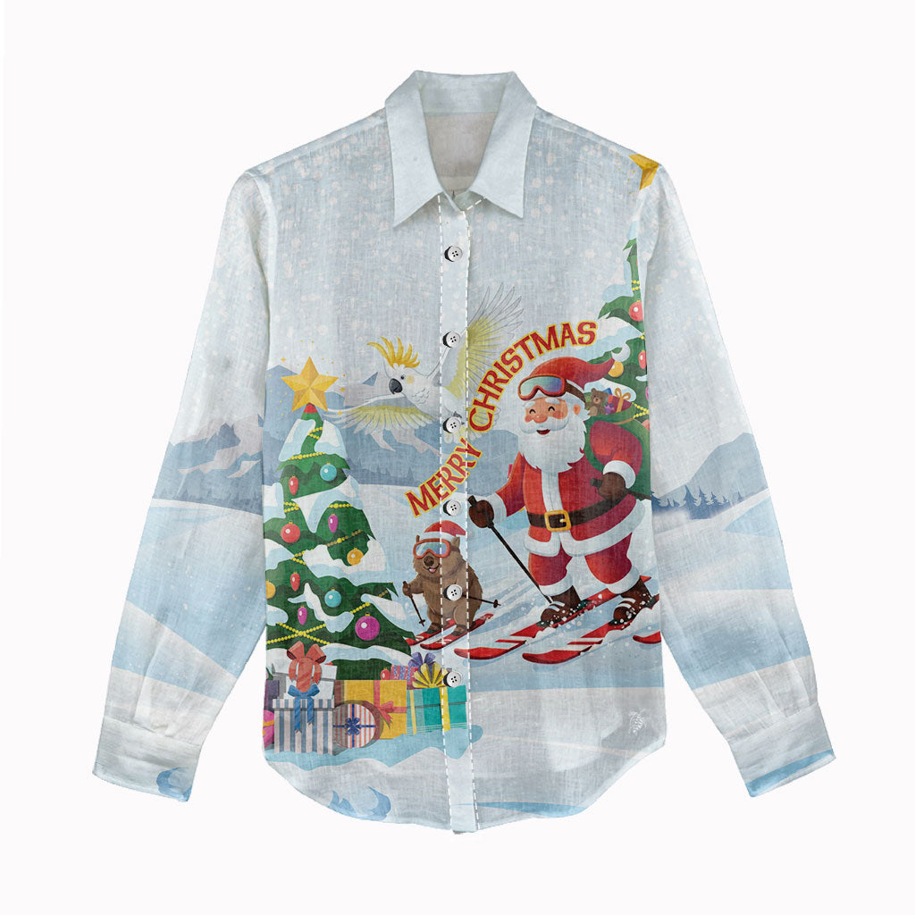 Merry Christmas Australia Women Casual Shirt Funny Aussie Animals Santa Skiing