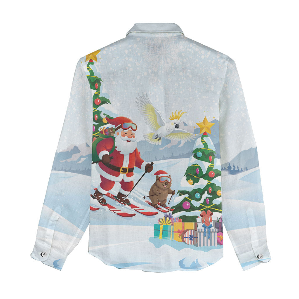 Merry Christmas Australia Women Casual Shirt Funny Aussie Animals Santa Skiing