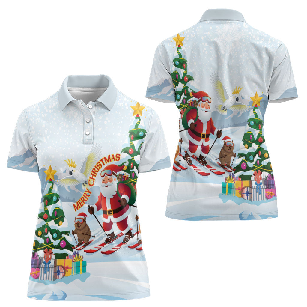 Merry Christmas Australia Women Polo Shirt Funny Aussie Animals Santa Skiing