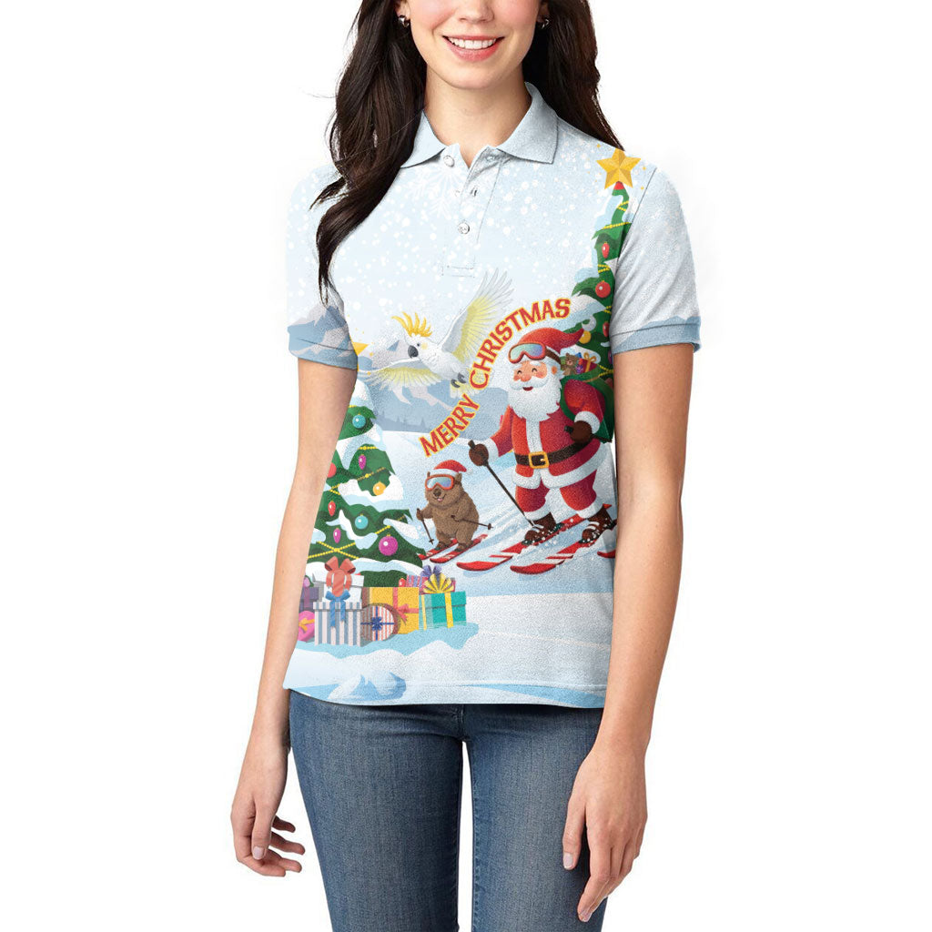 Merry Christmas Australia Women Polo Shirt Funny Aussie Animals Santa Skiing
