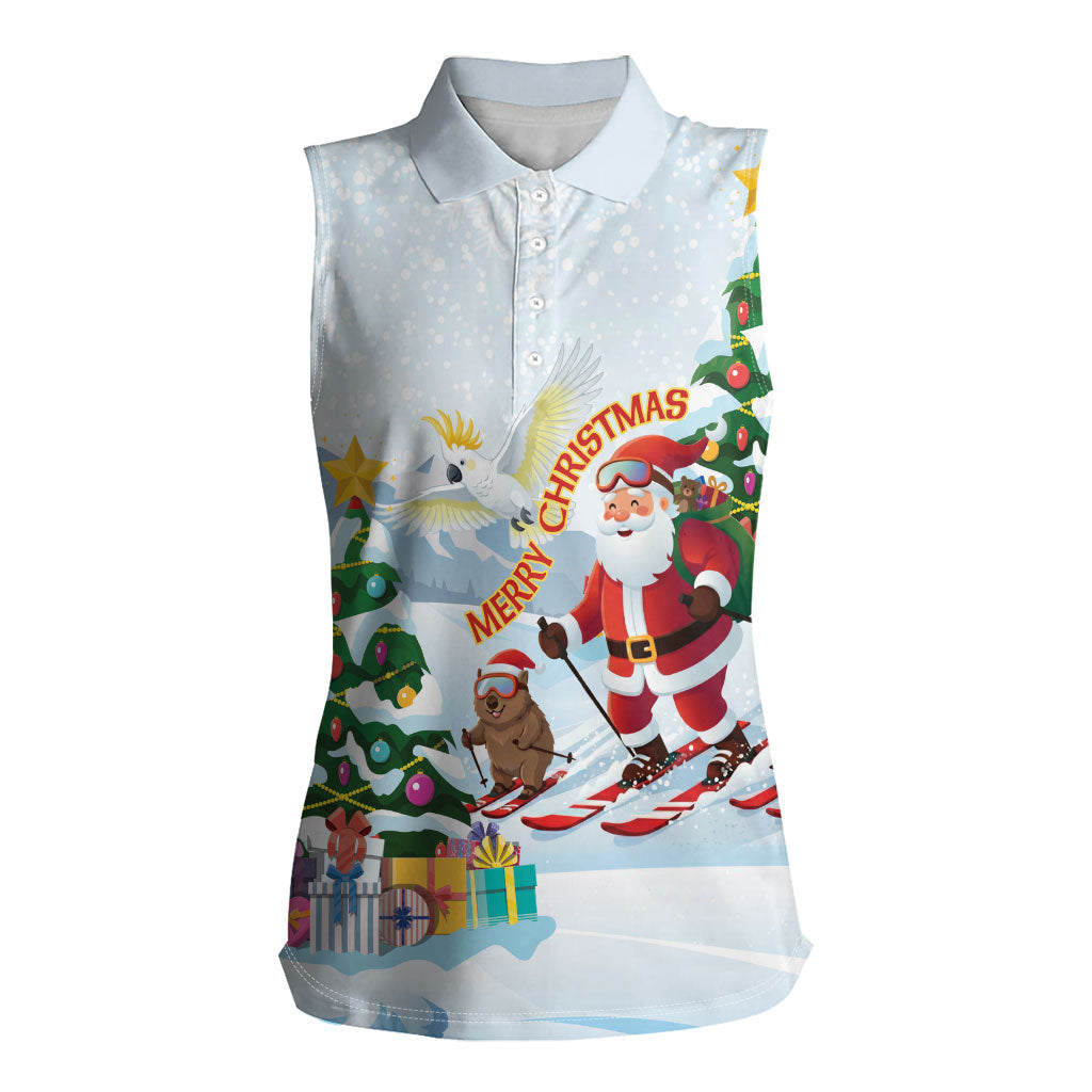 Merry Christmas Australia Women Sleeveless Polo Shirt Funny Aussie Animals Santa Skiing