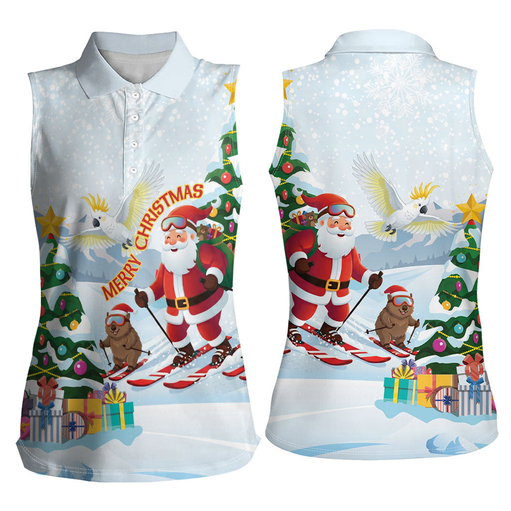 Merry Christmas Australia Women Sleeveless Polo Shirt Funny Aussie Animals Santa Skiing
