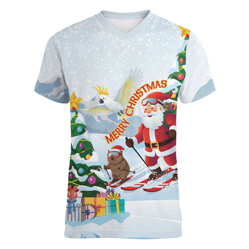 Merry Christmas Australia Women V-Neck T-Shirt Funny Aussie Animals Santa Skiing