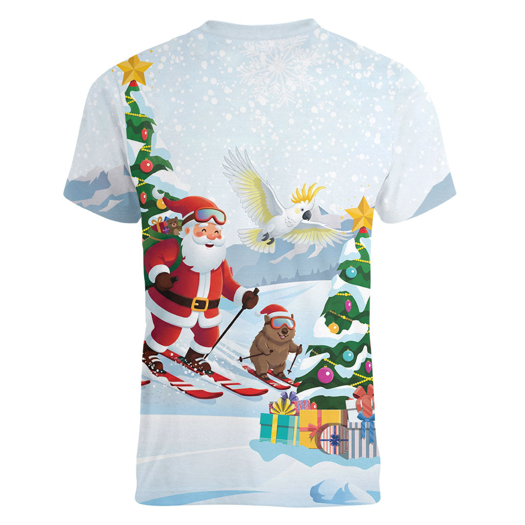 Merry Christmas Australia Women V-Neck T-Shirt Funny Aussie Animals Santa Skiing
