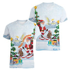 Merry Christmas Australia Women V-Neck T-Shirt Funny Aussie Animals Santa Skiing