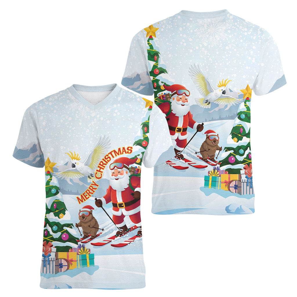 Merry Christmas Australia Women V-Neck T-Shirt Funny Aussie Animals Santa Skiing