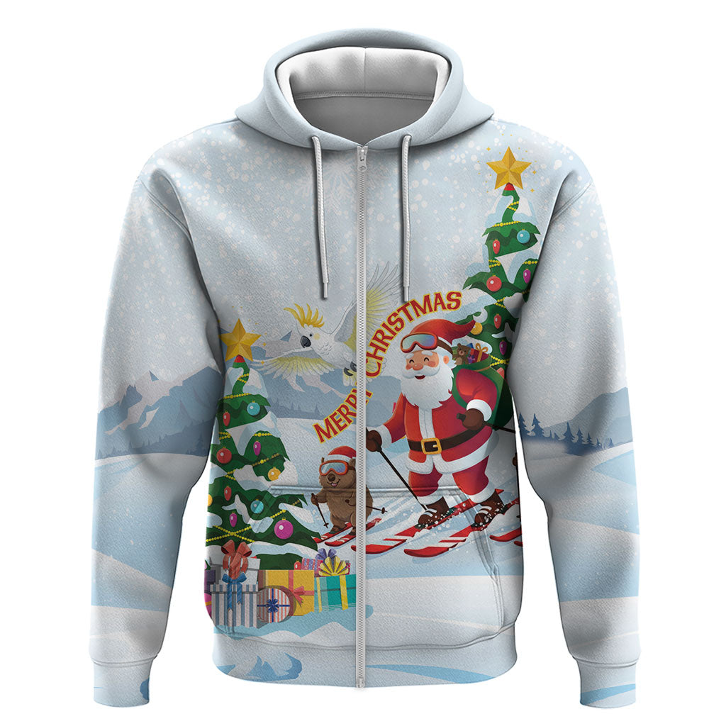 Merry Christmas Australia Zip Hoodie Funny Aussie Animals Santa Skiing