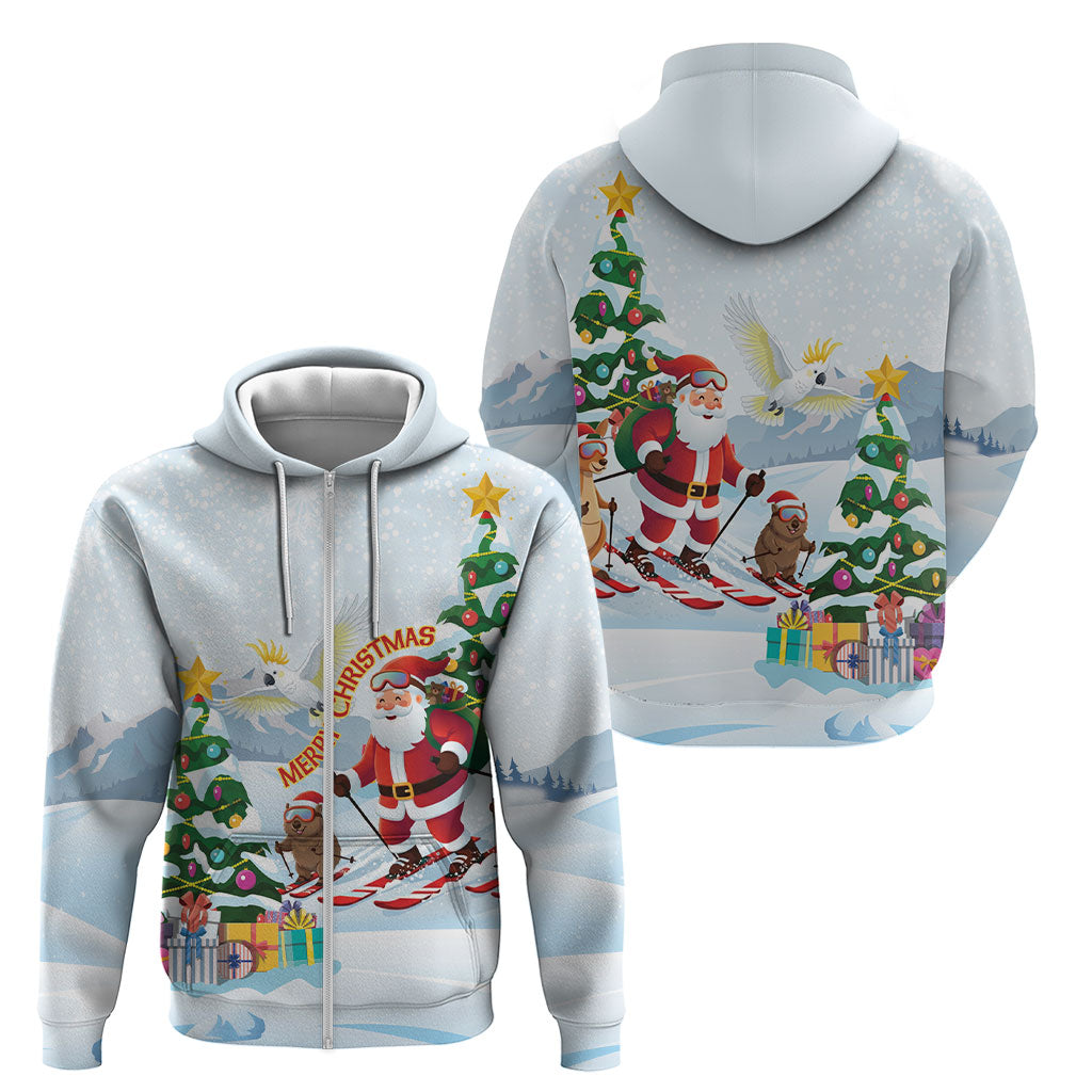 Merry Christmas Australia Zip Hoodie Funny Aussie Animals Santa Skiing