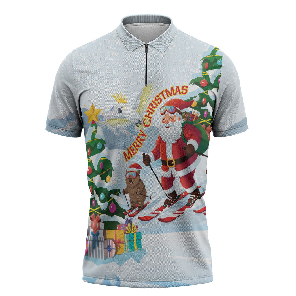 Merry Christmas Australia Zipper Polo Shirt Funny Aussie Animals Santa Skiing