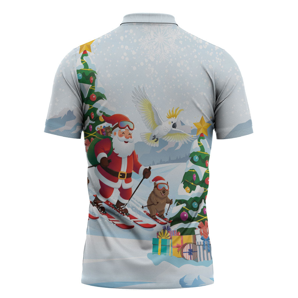 Merry Christmas Australia Zipper Polo Shirt Funny Aussie Animals Santa Skiing