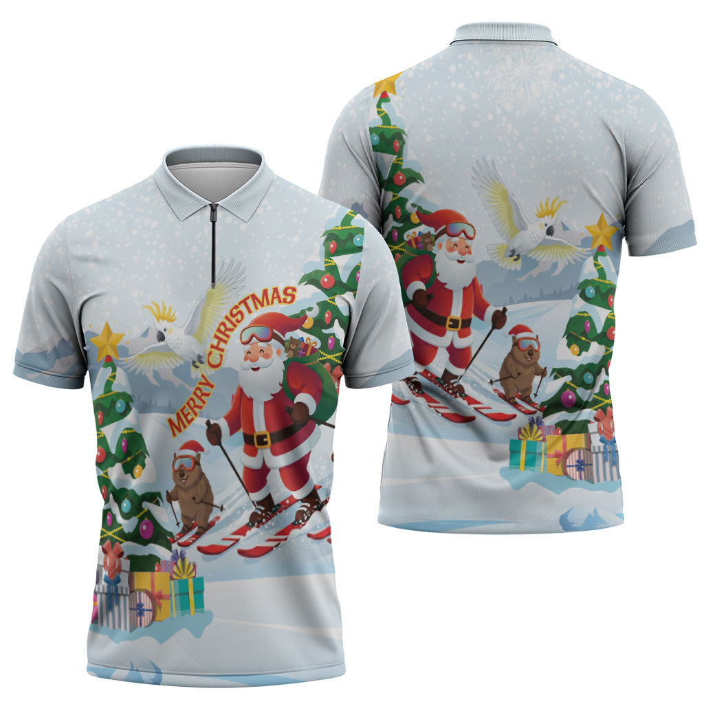 Merry Christmas Australia Zipper Polo Shirt Funny Aussie Animals Santa Skiing