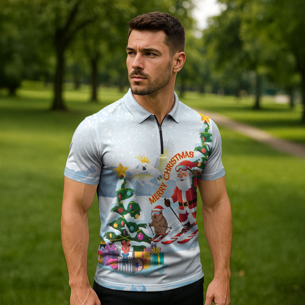 Merry Christmas Australia Zipper Polo Shirt Funny Aussie Animals Santa Skiing