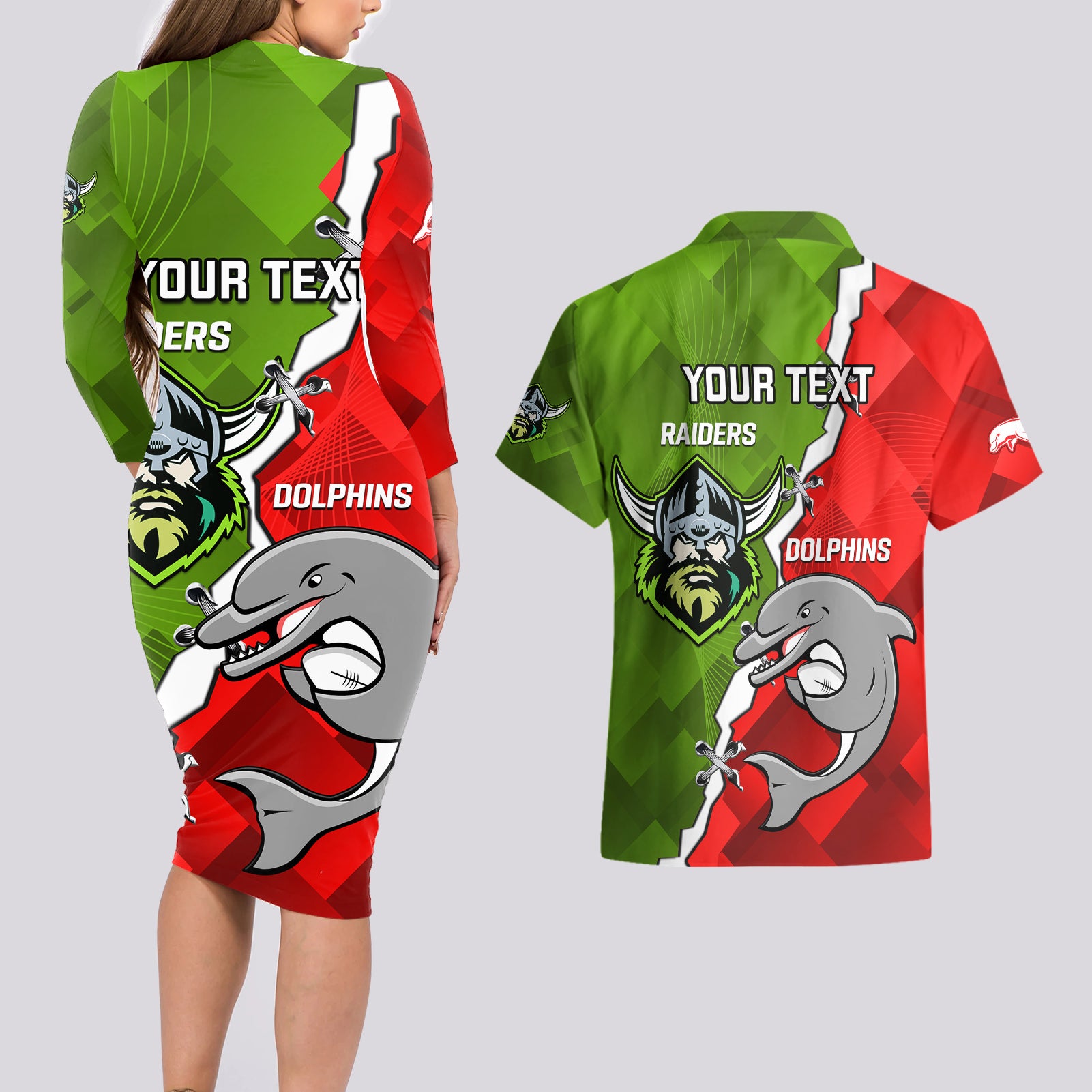 personalised-dolphins-and-raiders-rugby-couples-matching-long-sleeve-bodycon-dress-and-hawaiian-shirt-2023-sporty-version