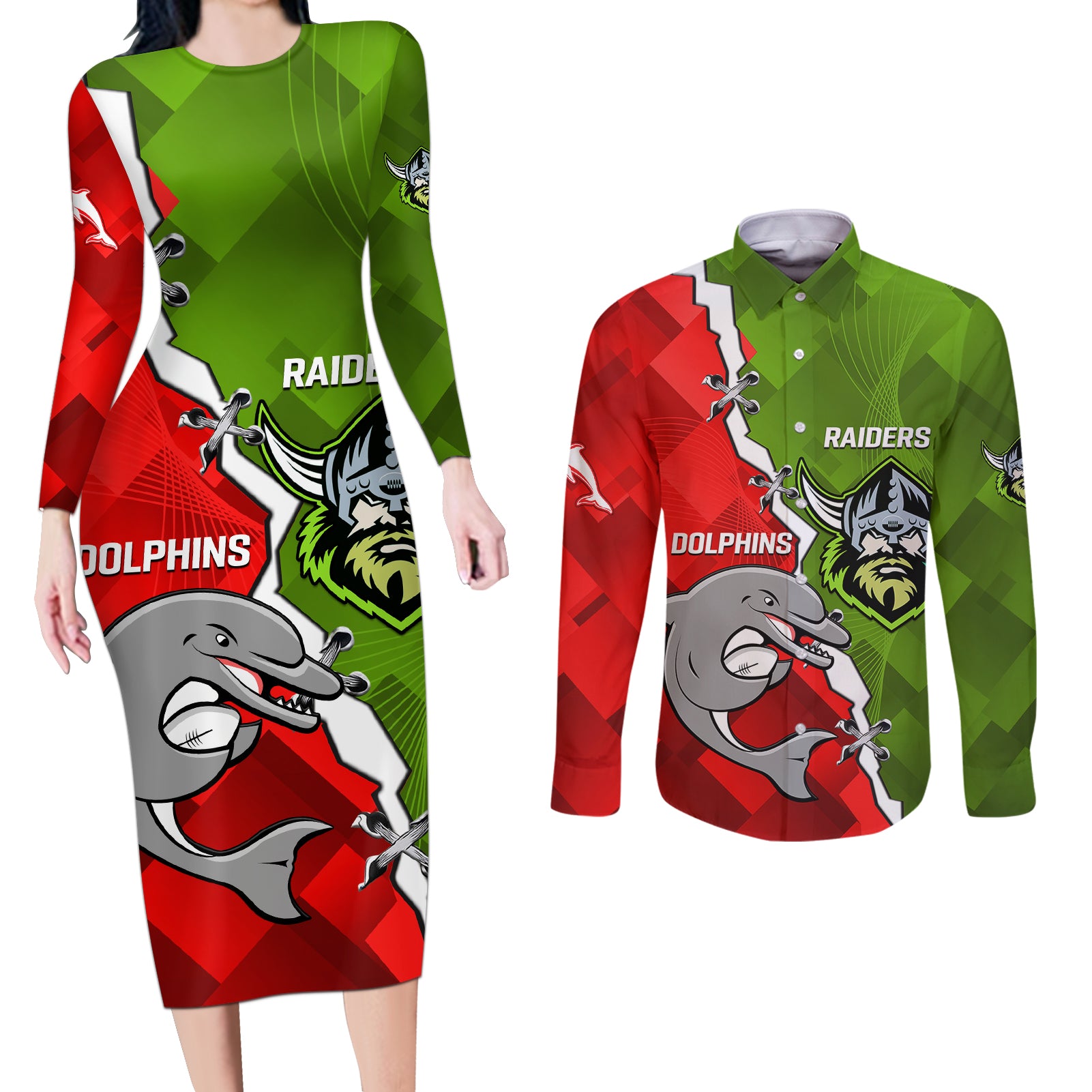 personalised-dolphins-and-raiders-rugby-couples-matching-long-sleeve-bodycon-dress-and-long-sleeve-button-shirts-2023-sporty-version