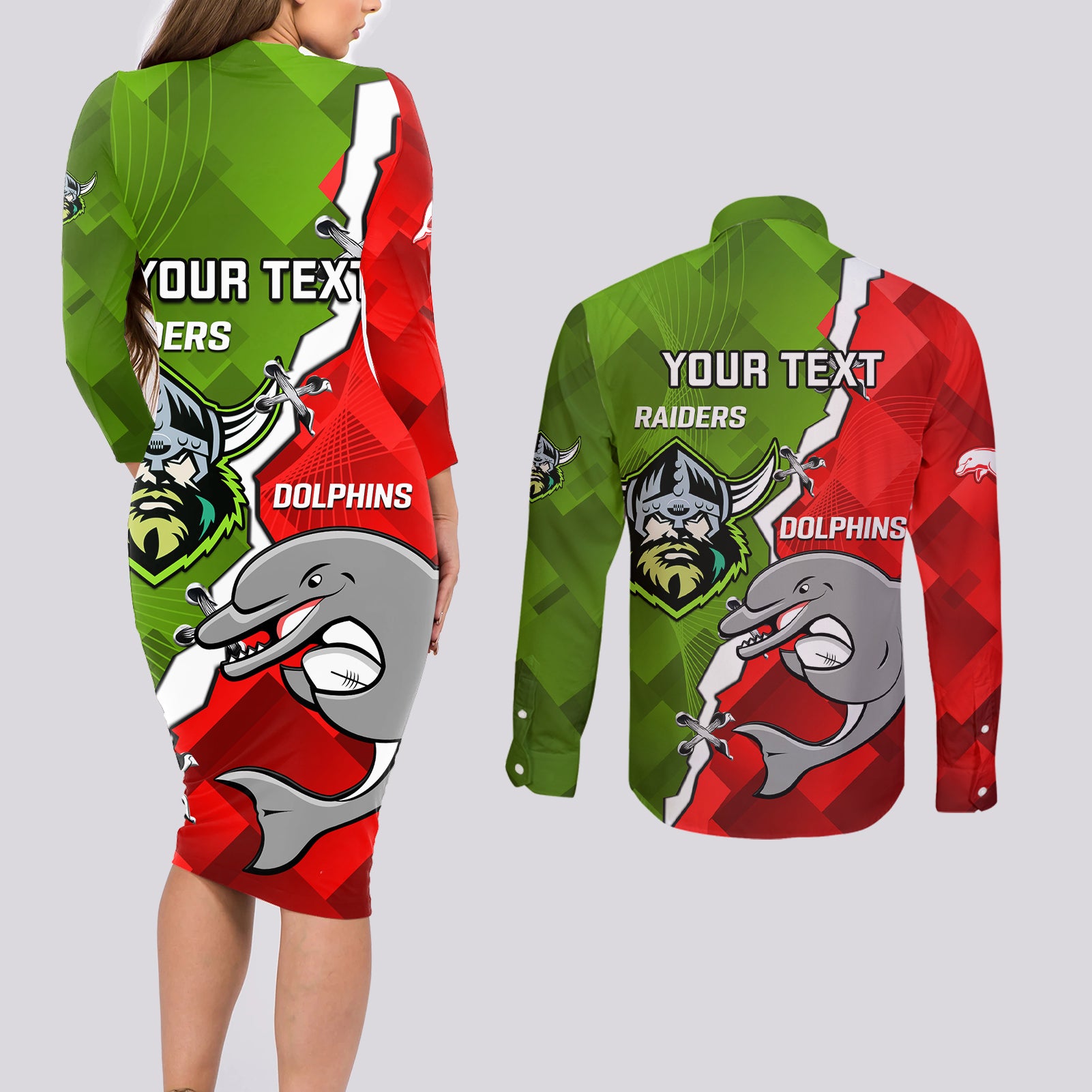 personalised-dolphins-and-raiders-rugby-couples-matching-long-sleeve-bodycon-dress-and-long-sleeve-button-shirts-2023-sporty-version