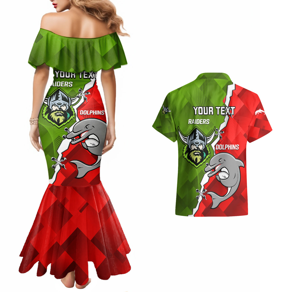 personalised-dolphins-and-raiders-rugby-couples-matching-mermaid-dress-and-hawaiian-shirt-2023-sporty-version