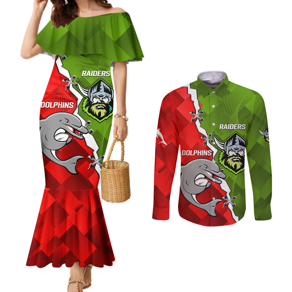 personalised-dolphins-and-raiders-rugby-couples-matching-mermaid-dress-and-long-sleeve-button-shirts-2023-sporty-version