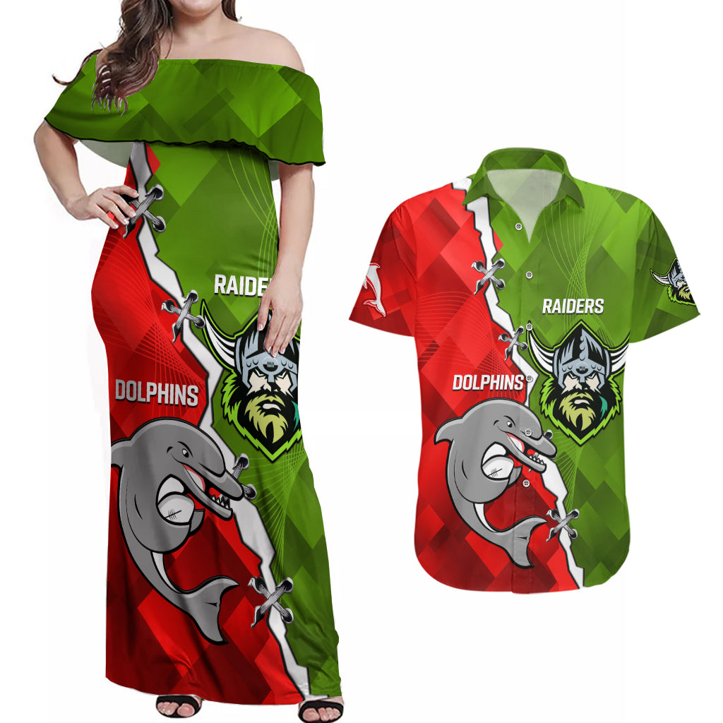 personalised-dolphins-and-raiders-rugby-couples-matching-off-shoulder-maxi-dress-and-hawaiian-shirt-2023-sporty-version