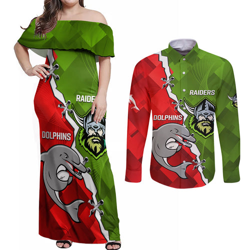 personalised-dolphins-and-raiders-rugby-couples-matching-off-shoulder-maxi-dress-and-long-sleeve-button-shirts-2023-sporty-version