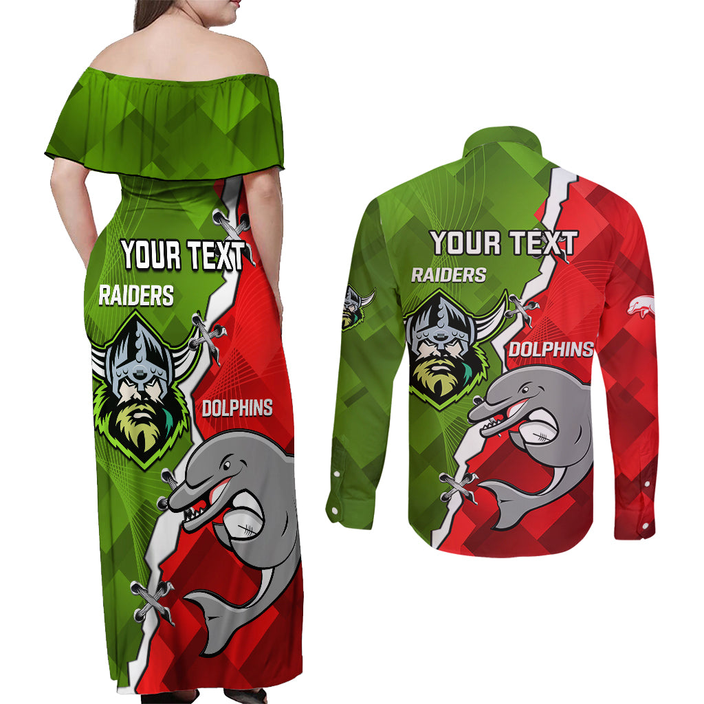 personalised-dolphins-and-raiders-rugby-couples-matching-off-shoulder-maxi-dress-and-long-sleeve-button-shirts-2023-sporty-version