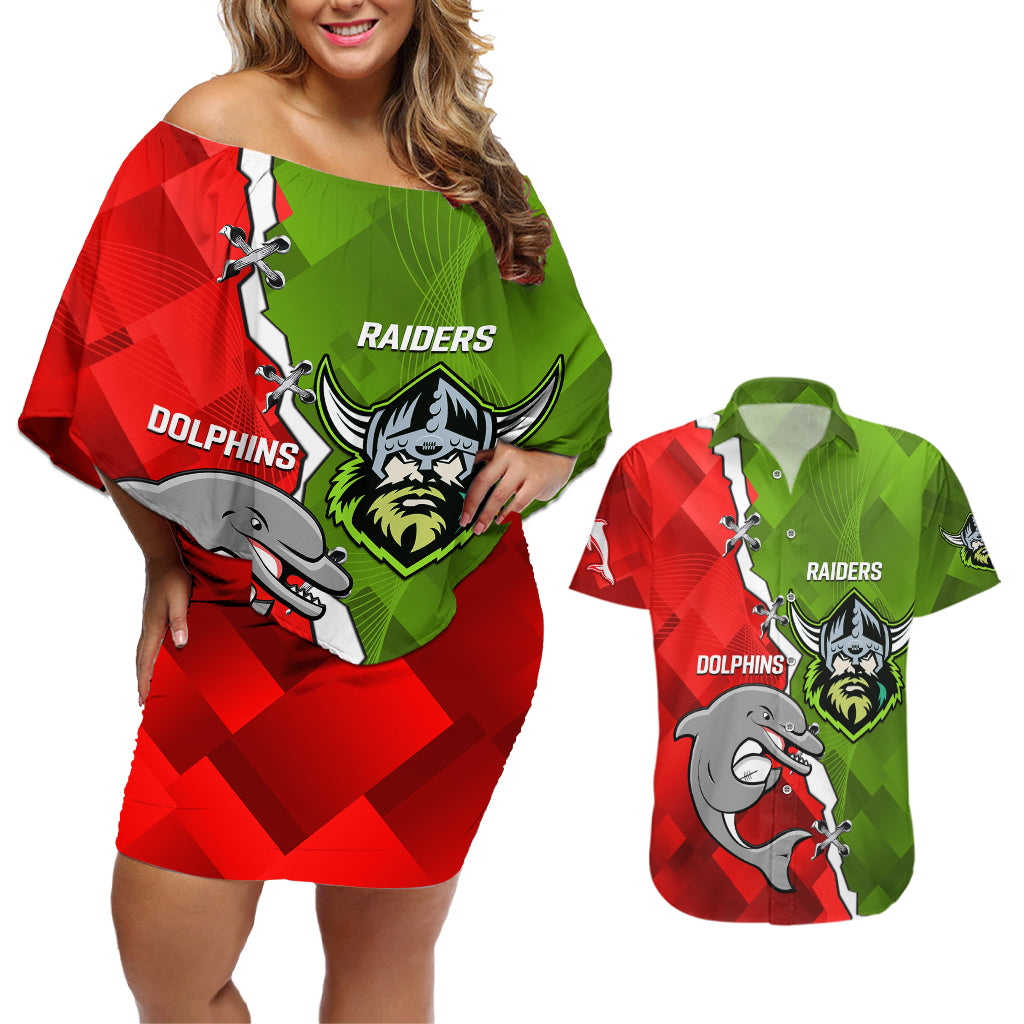 personalised-dolphins-and-raiders-rugby-couples-matching-off-shoulder-short-dress-and-hawaiian-shirt-2023-sporty-version