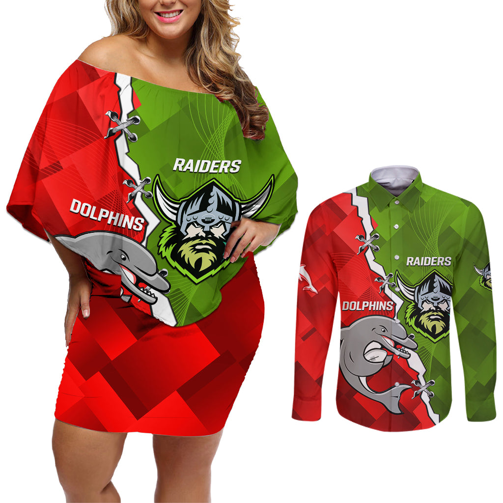 personalised-dolphins-and-raiders-rugby-couples-matching-off-shoulder-short-dress-and-long-sleeve-button-shirts-2023-sporty-version