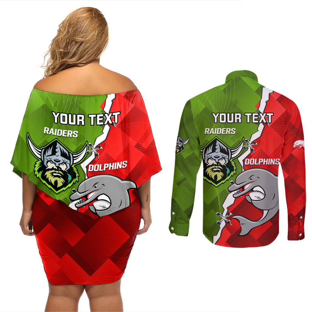 personalised-dolphins-and-raiders-rugby-couples-matching-off-shoulder-short-dress-and-long-sleeve-button-shirts-2023-sporty-version