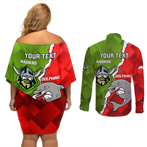 personalised-dolphins-and-raiders-rugby-couples-matching-off-shoulder-short-dress-and-long-sleeve-button-shirts-2023-sporty-version