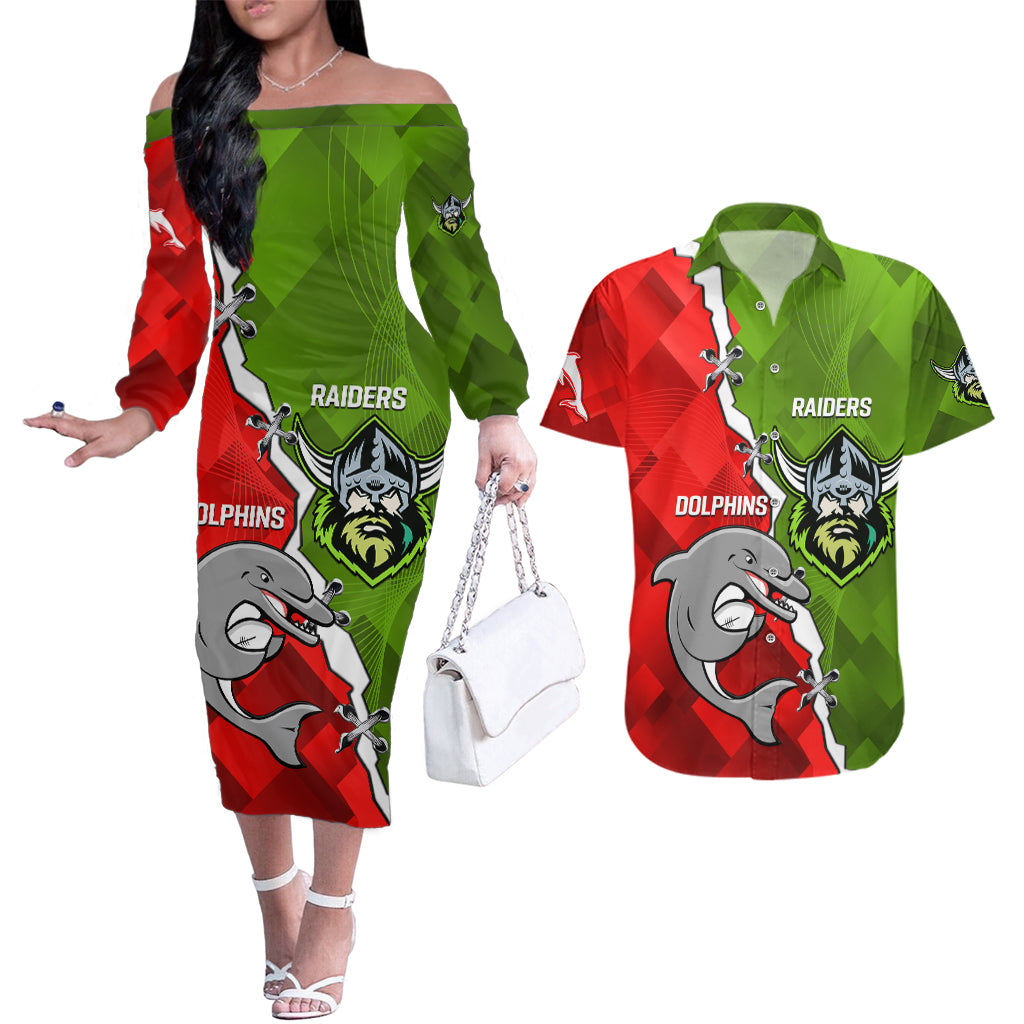 personalised-dolphins-and-raiders-rugby-couples-matching-off-the-shoulder-long-sleeve-dress-and-hawaiian-shirt-2023-sporty-version