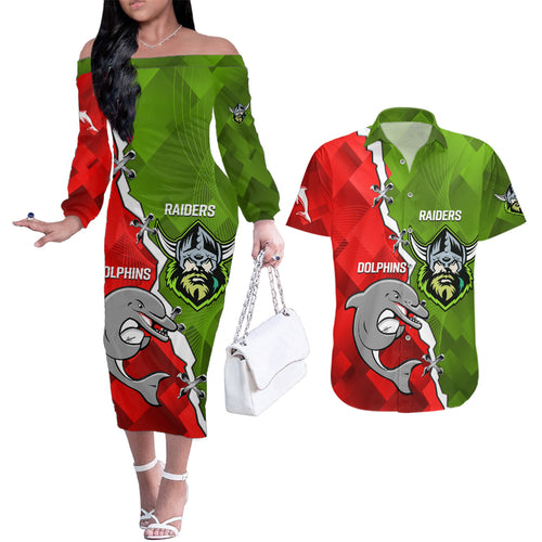 personalised-dolphins-and-raiders-rugby-couples-matching-off-the-shoulder-long-sleeve-dress-and-hawaiian-shirt-2023-sporty-version