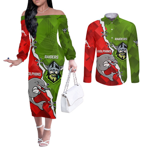 personalised-dolphins-and-raiders-rugby-couples-matching-off-the-shoulder-long-sleeve-dress-and-long-sleeve-button-shirts-2023-sporty-version