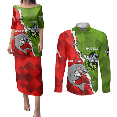 personalised-dolphins-and-raiders-rugby-couples-matching-puletasi-dress-and-long-sleeve-button-shirts-2023-sporty-version