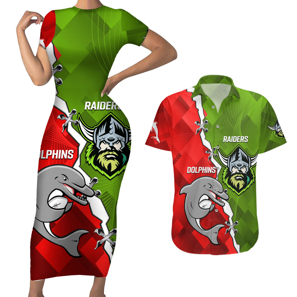 personalised-dolphins-and-raiders-rugby-couples-matching-short-sleeve-bodycon-dress-and-hawaiian-shirt-2023-sporty-version