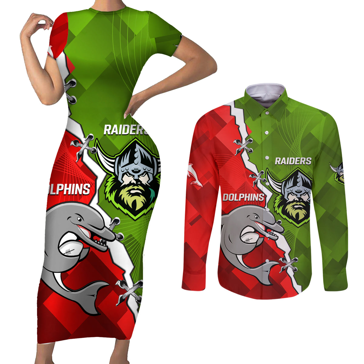 personalised-dolphins-and-raiders-rugby-couples-matching-short-sleeve-bodycon-dress-and-long-sleeve-button-shirts-2023-sporty-version
