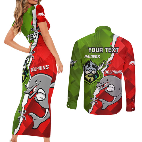 personalised-dolphins-and-raiders-rugby-couples-matching-short-sleeve-bodycon-dress-and-long-sleeve-button-shirts-2023-sporty-version