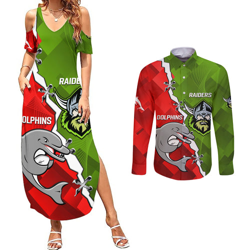 personalised-dolphins-and-raiders-rugby-couples-matching-summer-maxi-dress-and-long-sleeve-button-shirts-2023-sporty-version