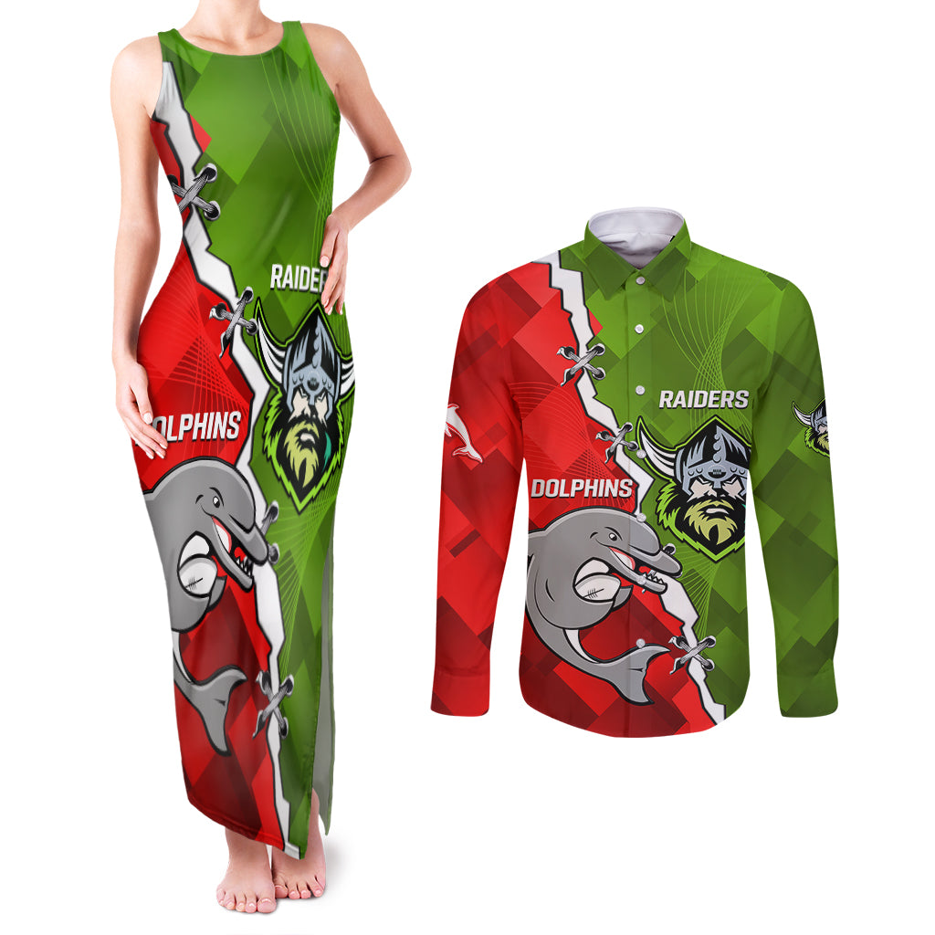 personalised-dolphins-and-raiders-rugby-couples-matching-tank-maxi-dress-and-long-sleeve-button-shirts-2023-sporty-version