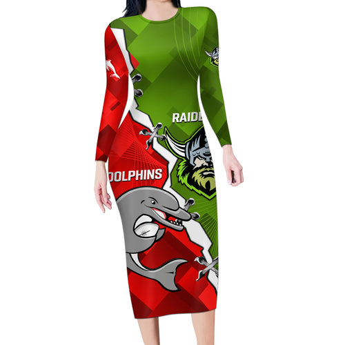 personalised-dolphins-and-raiders-rugby-long-sleeve-bodycon-dress-2023-sporty-version