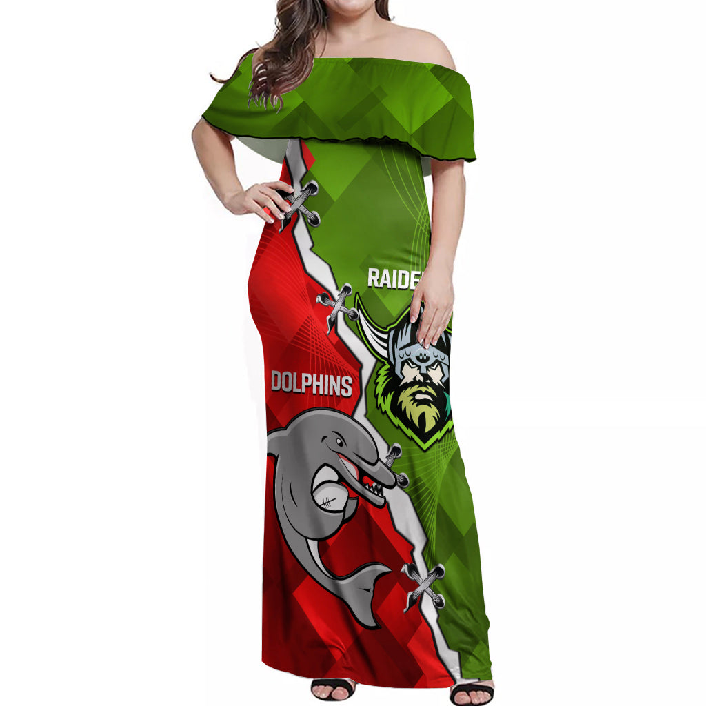 personalised-dolphins-and-raiders-rugby-off-shoulder-maxi-dress-2023-sporty-version