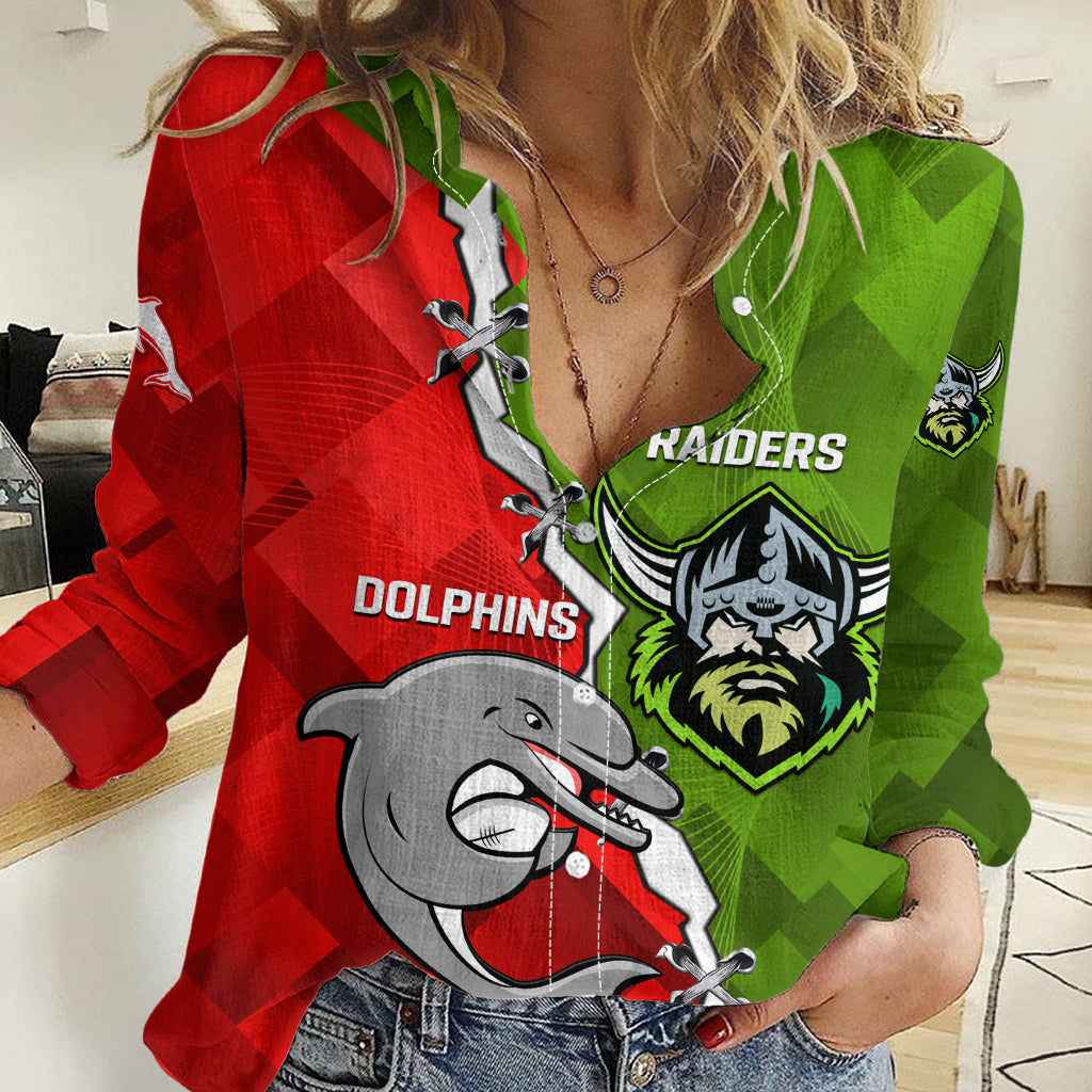 Personalised Dolphins and Raiders Rugby Women Casual Shirt 2023 Sporty Version LT14