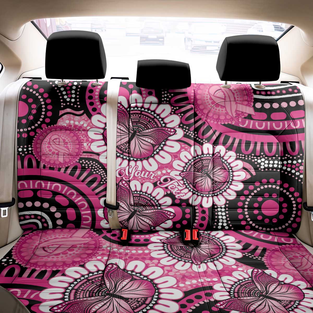 Personalised Australia Indigenous Back Car Seat Cover Breast Cancer Ribbon Think Pink - Black Version LT14