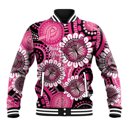 Personalised Australia Indigenous Baseball Jacket Breast Cancer Ribbon Think Pink - Black Version LT14