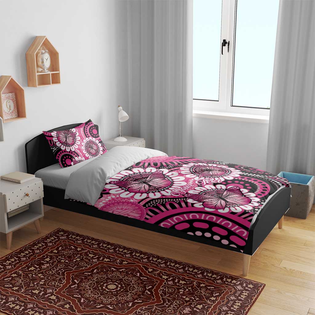 Personalised Australia Indigenous Bedding Set Breast Cancer Ribbon Think Pink - Black Version LT14
