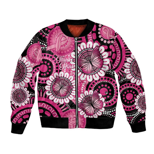Personalised Australia Indigenous Bomber Jacket Breast Cancer Ribbon Think Pink - Black Version LT14